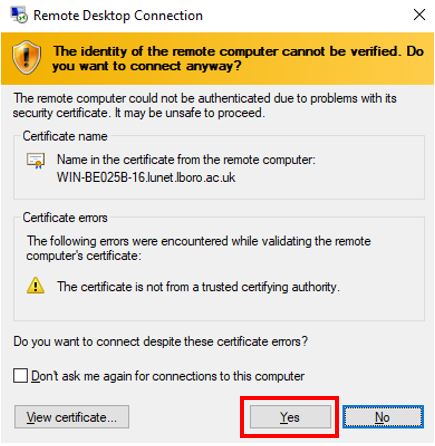 Remote Desktop Connection details box with prompt for Yes